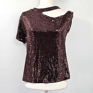 Express Bronze Sequined Exposed Shoulder Cutout Short Sleeved Blouse